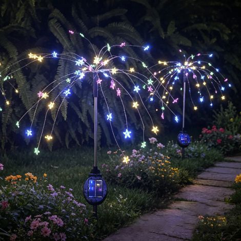 Lot de 2 lampes solaires extérieures effet feu d’artifice – LED en forme d’étoile, Lumières colorées – Étanches, autonomes – Parfaites pour jardin, terrasse, allée et chemin (1/5)