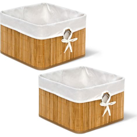 Set of 2 Relaxdays Storage Basket, Fabric Lining, Bamboo, Rectangular, Bathroom, Accessories, HxWxD: 20x31x31cm Natural