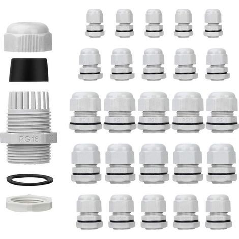 Lot de 25 presse-étoupes étanches - Réglables - PG7 PG9 PG11 PG13.5 PG16 - Connecteurs de cable - écrous de remplissage - Joints en plastique avec rondelle - Blanc (1/5)