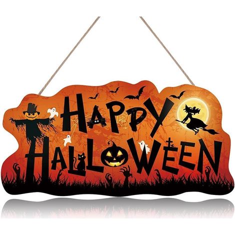 Signe de couronne de bienvenue de citrouille effrayante pour Halloween, décoration de porte d'entrée d'automne de sorcière, signe en matériau naturel (1/5)
