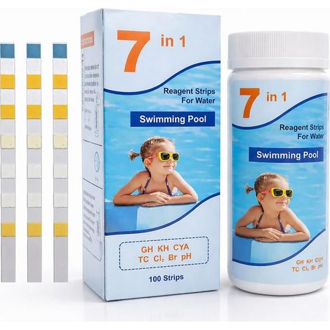 Bandelette Piscine 7 en 1 Testeur Eau Piscine et Spa – 100 Bandelettes Test Piscine pour Mesure Précise pH, Chlore Libre, Brome, Dureté, Acide Cyanurique et Alcalinité – Kit Entretien Jacuzzi (1/5)