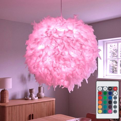 LED Pendellampe dimmbar mir Fernbedienung LED Hängelampe Federlampe Schlafzimmerlampe Wohnzimmer, Textil weiß Federn, 8,5W 806m warmweiß, DxH 60x130 cm (1/5)