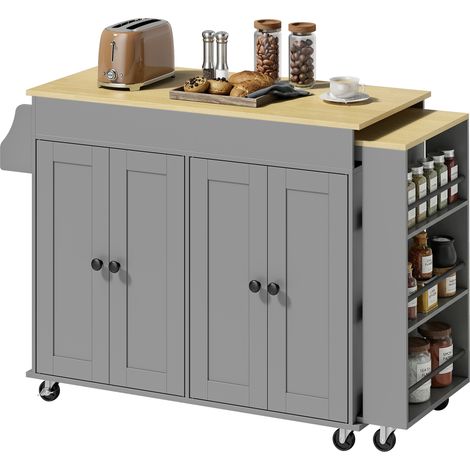 HOMCOM isla de cocina con ruedas, encimera extensible, 4 puertas, estantes ajustables, estantería lateral abierta, especiero y soporte para toallas