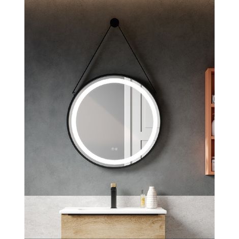 Espejo Colgante Redondo Baño Luz LED  Doble Sensor Táctil  Borde Negro 60 cm (1/2)