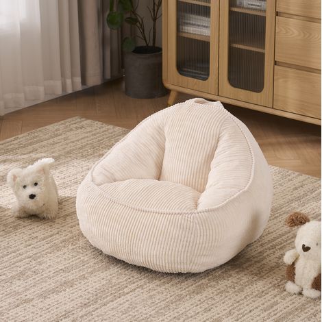 Fauteuil pouf enfant beige en velours côtelé doux avec dossier et accoudoirs (1/5)
