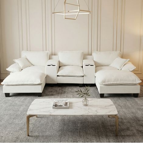 Canapé modulare a U in chenille beige con USB e contenitori, 323x151x90 cm (1/5)