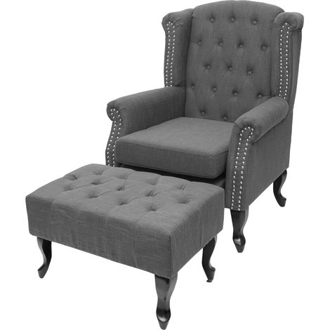 Poltrona stile vittoriano elegante Chesterfield tessuto, grigio scuro con poggiapiedi