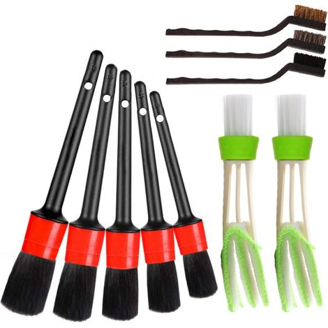 Kit 10 cepillos limpieza interior exterior coche, 5 profesionales detalles + 3 metálicos + 2 para aire acondicionado, completo