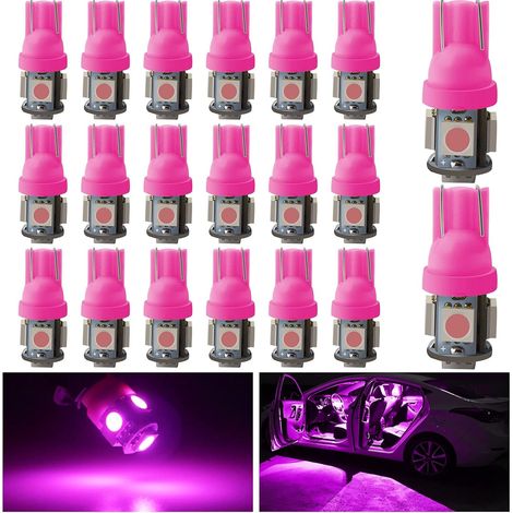 Pack of 20 T10 W5W LED Ampoule 194 168 2825 Ampoules pour lampes de lecture voiture feux plaque d'immatriculation plafonniers Rose (1/5)