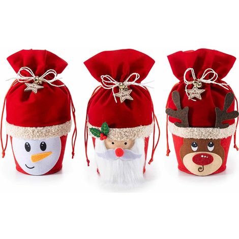 Contenitori / cestino a sacchetto di Natale in panno e velluto con personaggi natalizi, set da 6 pezzi, Ø12cmx25H (al tirante17)