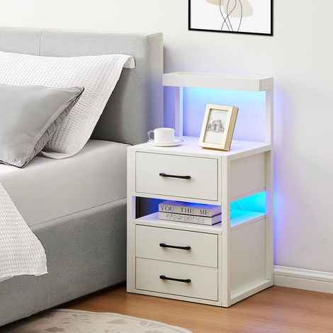 White Bedside Table with Charging Station, 3 Drawers High Bedside Table with Storage Shelf, Modern LED Tall Nightstand Cabinet for Bedroom (1/5)