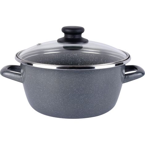 Casserole 24 cm + couvercle en verre. Extérieur gris moucheté. Antiadhésif bi-couche renforcé pierre, convient pour tous types de feux, spécial induction. 50% d'économie (1/5)