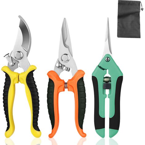 Ensemble de 3 Sécateurs de Jardin en Acier Inoxydable - avec Sac de Rangement - Outils de Jardinage Portables
