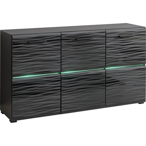 Dusine – Buffet bahut moderne 3 portes – Façades en MDF laqué brillant – Éclairage LED intégré – Rangement esthétique pour salon (1/3)
