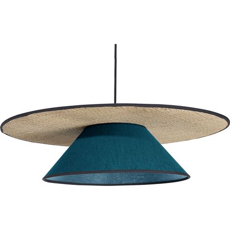 Lámpara de techo de lino azul pavo real y rafia natural 55 cm AZAMI (1/3)