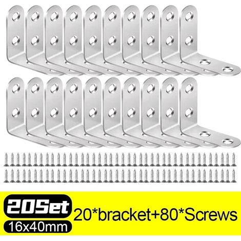 (20 jeux - 16 x 40 mm) Équerres d'angle en L en acier inoxydable, fixations à angle droit (90°) pour meubles en bois, cadres de lit et armoires (1/5)