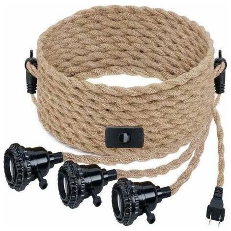 Suspension industrielle vintage avec interrupteur et prise, 3 lampes E27, suspension en corde de chanvre à monter soi-même, pour salon, café, restaurant (1/5)