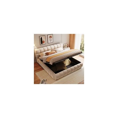 Modernluxe – Lit coffre capitonné 140 x 200 cm – Rangement hydraulique – Tissu velours beige – Support de matelas intégré – Stable et durable