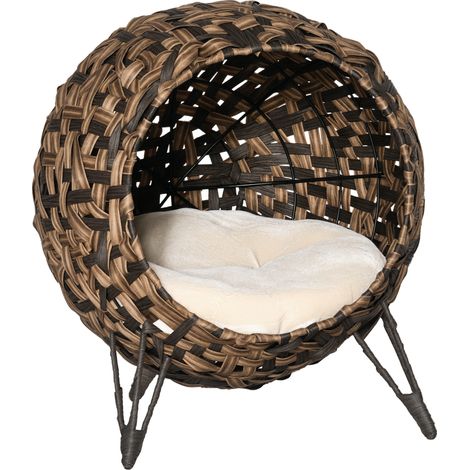 20,5 Zoll großes Katzenbett aus Rattan, erhöhtes, rundes Katzenhaus aus Weide mit Kissen, braun