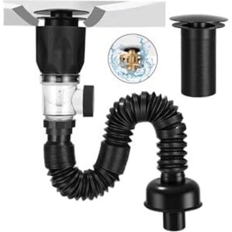 Siphon Lavabo Pop-Up avec Tuyau Flexible et Anti-Odeurs, Kit d'Évacuation Rétractable 300-1000mm pour Cuisine et Salle de Bain (1/5)