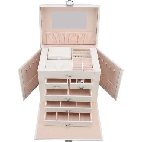 Coffret à bijoux géant en cuir synthétique, grande capacité, plusieurs compartiments, blanc, style européen, avec miroir, pour la maison (1/5)