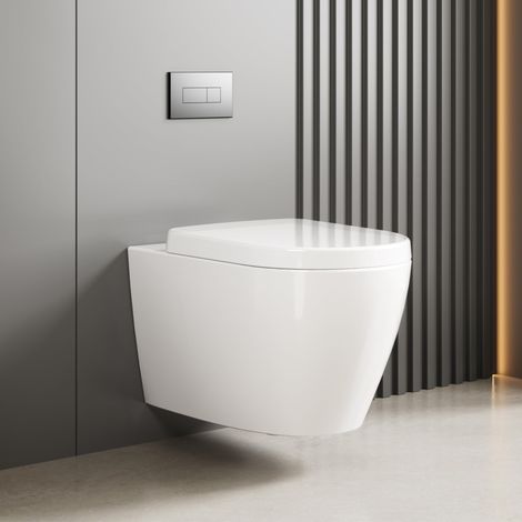 WC Suspendu Sans Bride, Ensemble WC En CéRamique Avec Abattant Amovible à Fermeture Ralentie, SystèMe De Chasse D'Eau Performant, Forme En D, Longueur 55,5 cm, Blanc (1/5)