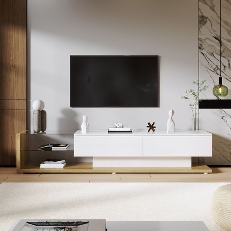 Meuble TV 170 cm blanc brillant et décor bois avec 2 tiroirs et 2 étagères en verre éclairage LED multicolore pour salon (1/5)