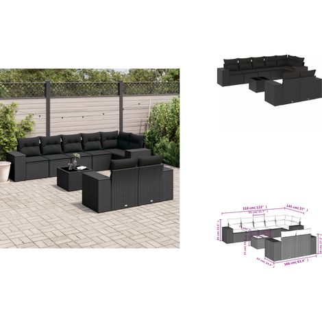 9-tlg. Garten-Sofagarnitur mit Kissen Schwarz Poly Rattan - Gartenmöbel - Esstischgarnituren - Outdoor Möbel - Lounge Set - Rattan Gartenmöbel