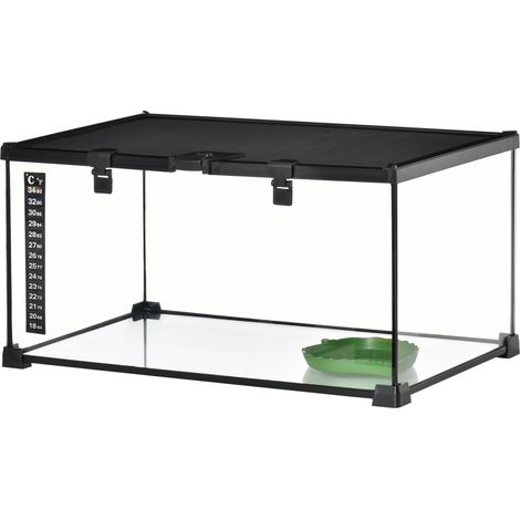 Erhöhtes Terrarium für Reptilien, 50 x 30 x 25 cm, schwarz, mit Schloss und Thermometer, aus Glas und Metallgewebe