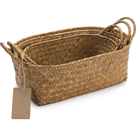 Panier de Rangement en Jonc De Mer Naturel Rotin Paniers pour étagères avec Poignées Ovale 3 Pièces (Grand + Moyen + Petit)