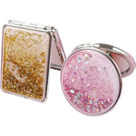 Lot de 2 miroirs de poche ronds, pliables, double face, formats rond et carré, couleurs rose et or (1/5)