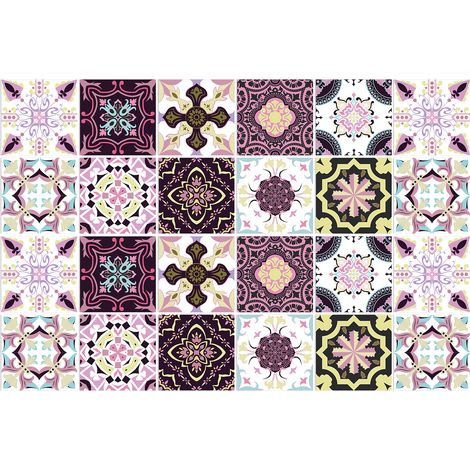24 marokkanische lila Fliesenaufkleber, rosa Wandaufkleber für Küche und Bad, selbstklebend (15 cm x 15 cm)