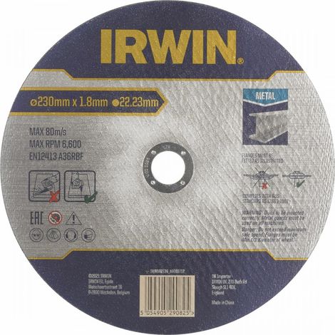 Disco cortante Irwin IW8082136 230 mm, para cortar acero y metal, 22,23 mm de orificio, compatible con amoladoras angulares, corte rápido y preciso, peso de 181,31 g.