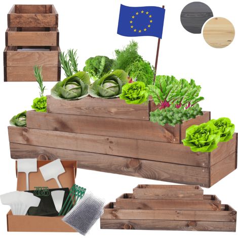 MODO24 ZP09 Carré potager surélevé en escalier modulable, bois de pin, herbes/légumes, jardin/terrasse/balcon, 36x117x30 cm, marron