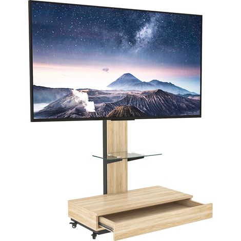 Chariot TV réglable en hauteur pour écrans 32-75 pouces, meuble mobile avec tiroirs, finition naturelle L80/P40 cm, idéal salon, chambre, bureau