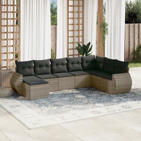 Salon de jardin 8 places en résine tressée gris avec coussins, canapé d'angle, central, repose-pied, ensemble modulaire (1/5)