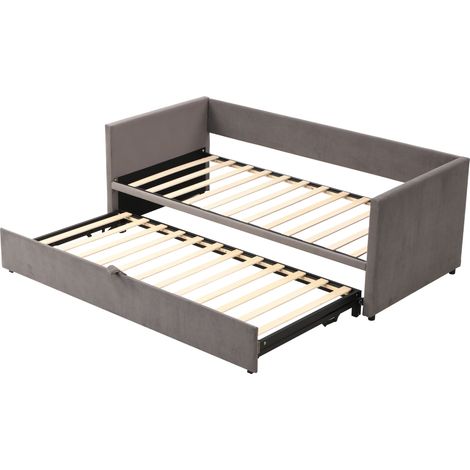 Lit rembourré, canapé-lit extensible 90/180200 cm avec sommiers à lattes, lit multifonction en velours doux pour la peau, gris (1/5)