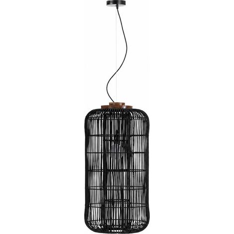 Suspension en rotin noir graphique - noir et bois (1/5)