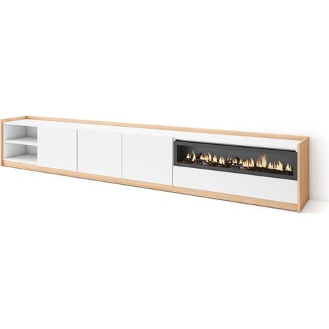 Skraut Home - Mobile TV Soggiorno, 310x37x50cm, Per TV fino a 80", Camino elettrico, Bianco e Rovere soft (1/5)