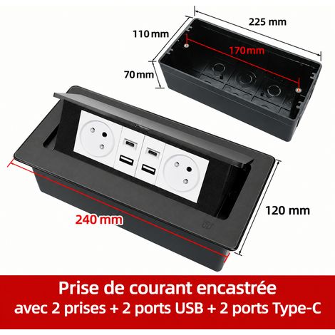 Bloc prise encastrable bureau escamotable pop-up 2 prises standard Israël 2 ports USB-A 2 ports USB-C noir AC250V 4000W amorti – Livraison gratuite (1/5)