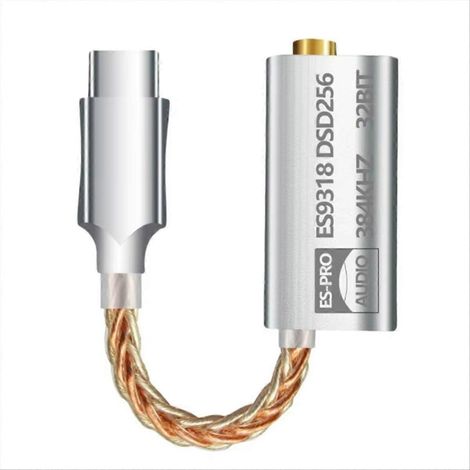 Adaptateur USB vers jack 3,5 mm ES9318 Type-C Hi-Fi, 32 bits/384 kHz, DSD256, puissance de sortie de 180 mW, boîtier métallique usiné CNC. (1/5)