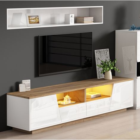 Meuble TV en panneaux de particules blanc et bois naturel 180 x 40 x 46 cm, LED, 2 tiroirs, 2 portes, façade brillante (1/5)