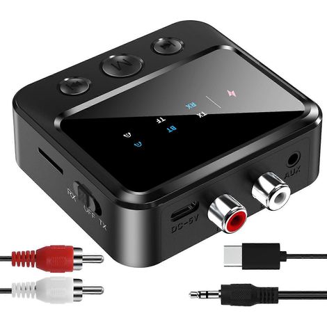 Émetteur/récepteur Bluetooth, compatible avec les téléviseurs, doté d'une prise auxiliaire RCA 3,5 mm et d'un écran également compatible avec les casques/haut-parleurs. (1/5)