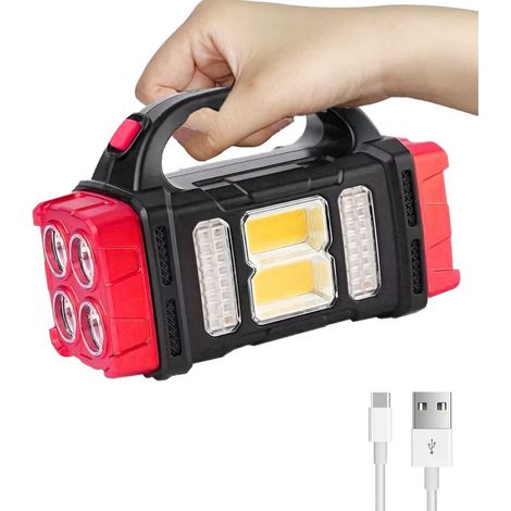 Linterna solar recargable con iluminación lateral COB, potente foco LED de doble fuente de luz (USB).