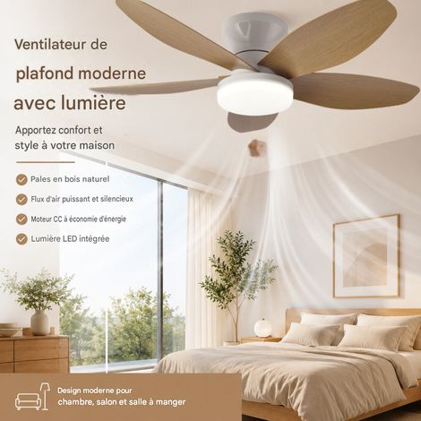 MRTRS-Ventilateur plafond mince sans tige avec éclairage tricolore, rotation avant-arrière toute saison, design naturel pour chambre et salle à manger (1/5)