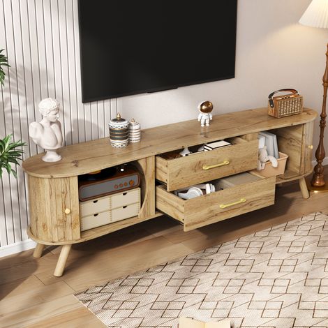 Tableau TV pois à rainure verticale,portes coulissantes et tiroirs,pieds bois massif MDF fini bois design scandinave salon. (1/5)