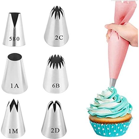 Lot de 6 grandes douilles professionnelles (580, 2D, 2C, 1M，1A，6B) pour la décoration de gateaux et cupcakes - Compatible poche à douille, churro, donuts, Multicolore (1/4)