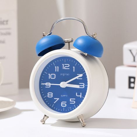Petit réveil silencieux, horloge de chevet, décoration rétro, cloche en métal de 7,6 cm - bleu et blanc (1/2)