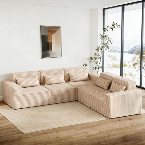 Modular Sofa 258cm Boneless Cloud Couch L Shaped Couch Corner Sofa Memory Foam Corduroy Wide Armrest Deep Seat Pillow Bottom Anti-Slip Living Room Bedroom No Assembly Required Beige 5 Seater