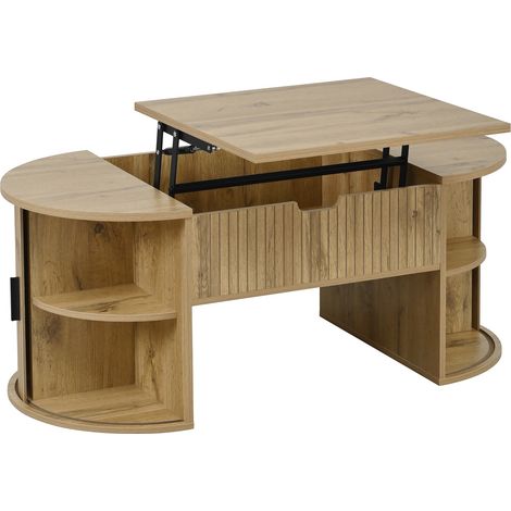 Table basse réglable en hauteur avec rangement secret et étagères ouvertes en MDF couleur chêne (1/5)